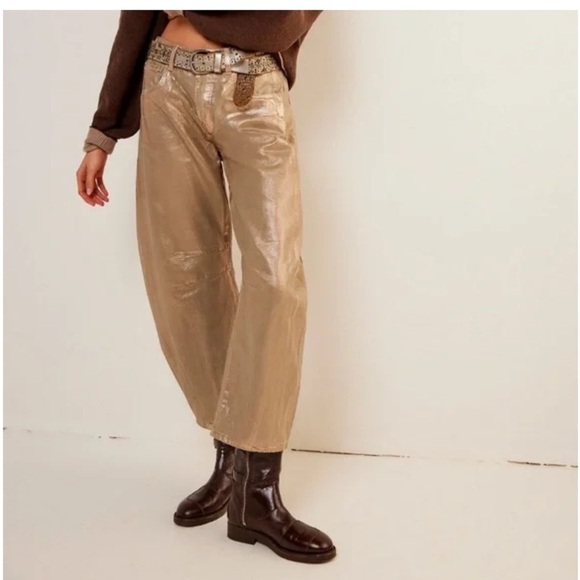 We The Free Good Luck Mid-Rise Metallic Barrel Jeans Color: Champagne 26 NWT - Picture 1 of 6